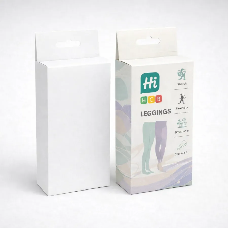 Two hanging retail boxes- one plain white and one printed with legging product features-